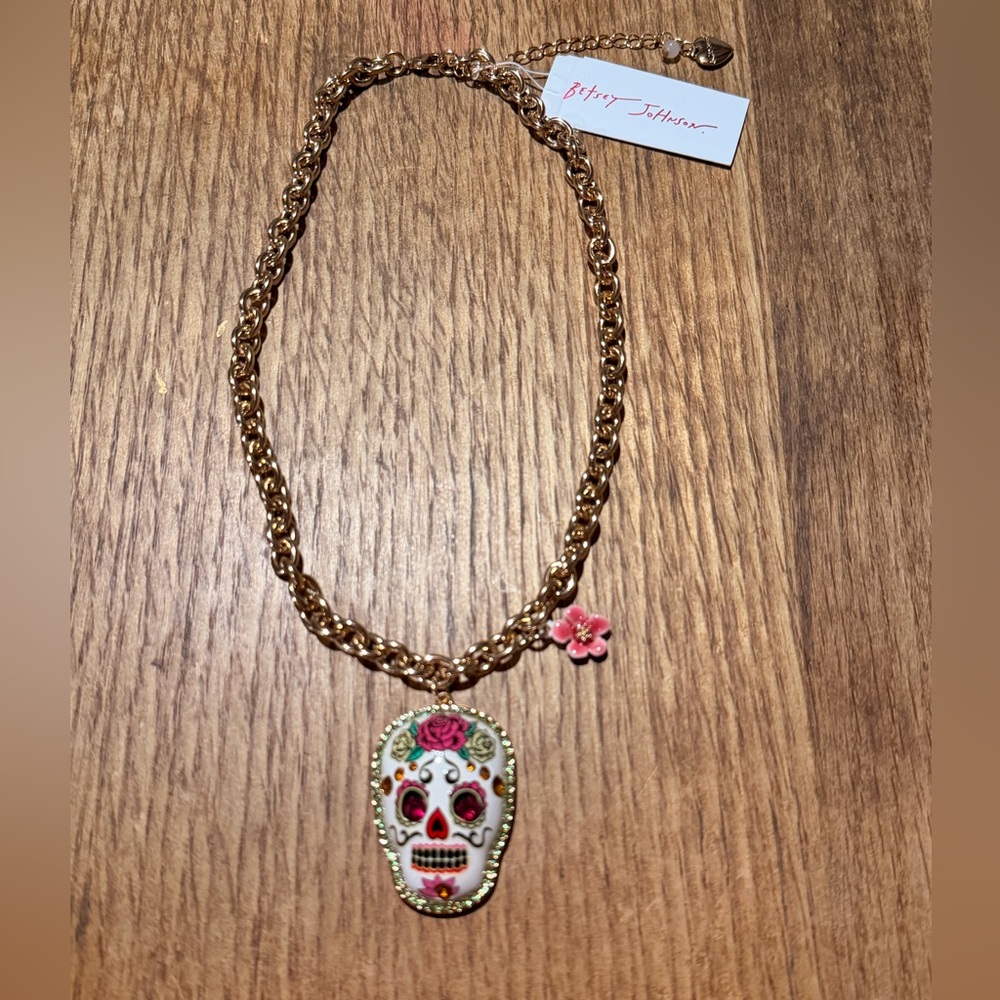 Betsey Johnson Gold Skull Necklace with Pink Accents